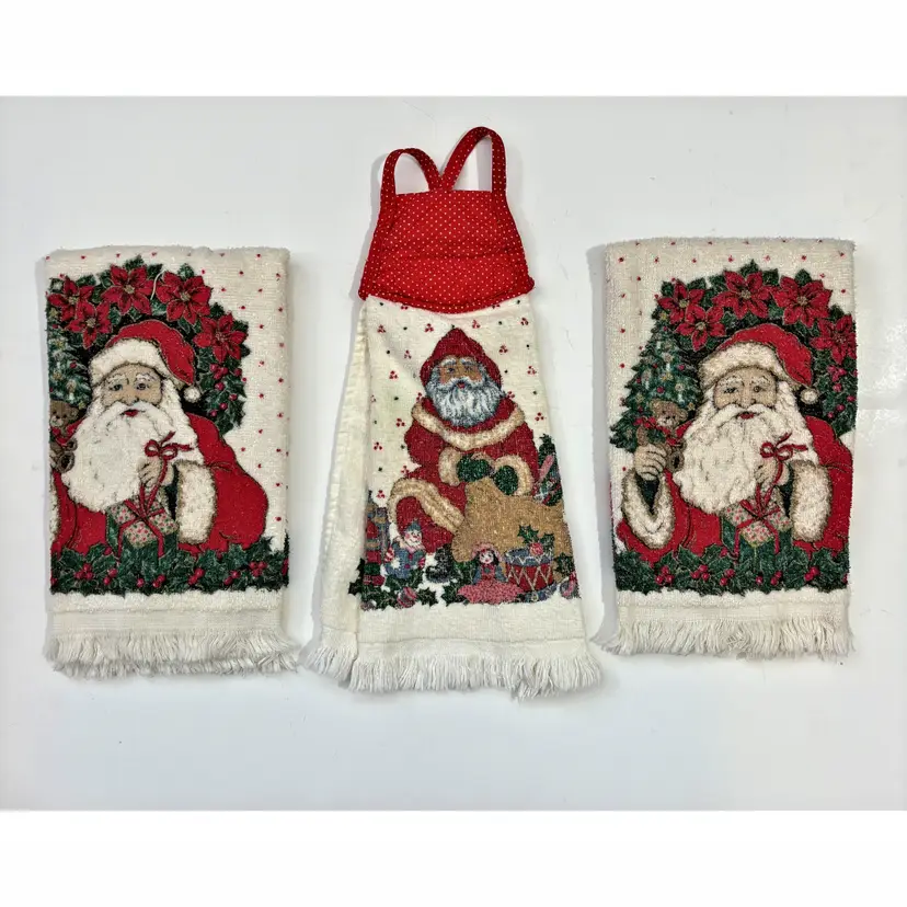 Christmas Terry Cloth Dish Towels Lot 3 Christmas Santa Made USA Fringe Vintage