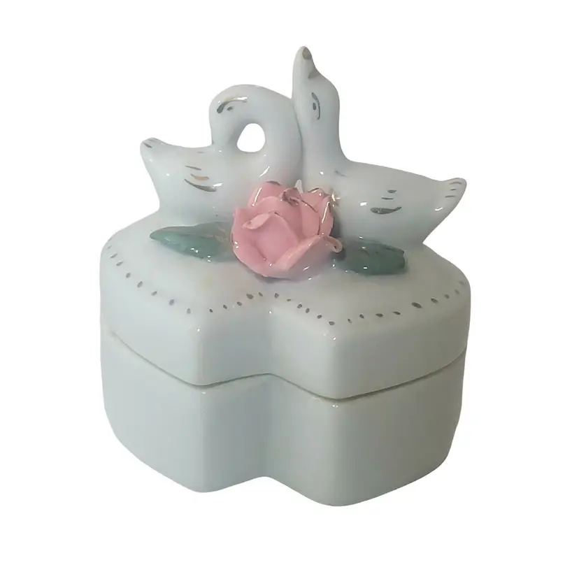 Vintage Heart Shaped Double Swan and Rose Trinket Box With Gold Accent 3.5" Tall