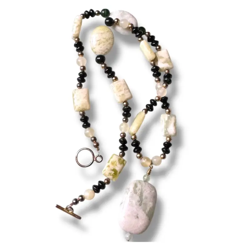 Artisan Rhodonite Serpentine Calcite & Onyx - 1.75”Pendant 18” Necklace