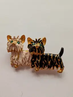 Vintage L-S design Black and White Scottie Dogs Green eyed enameled pin/Broach