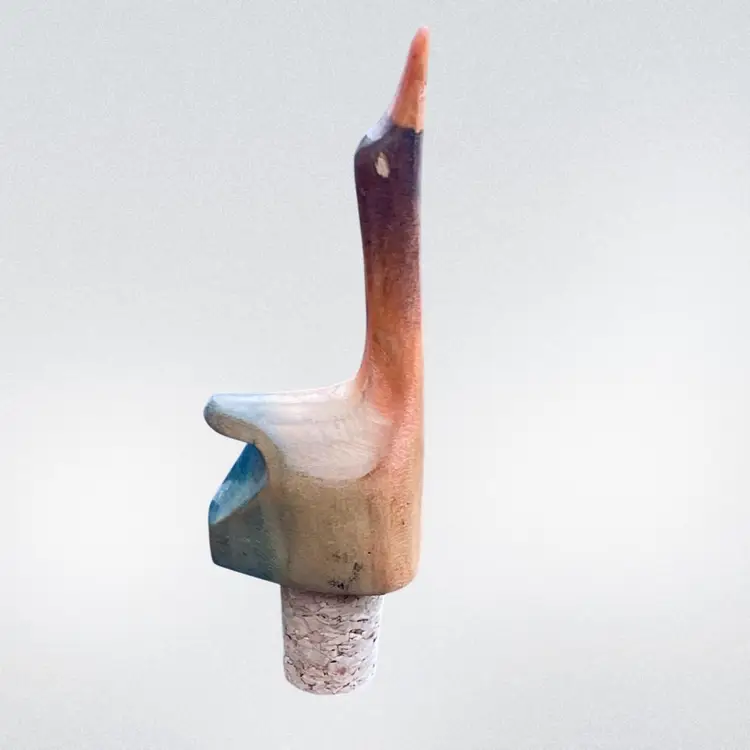 Vintage Hand Carved Wooden Goose Wine Bottle Stopper Folk Art