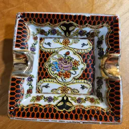 Hand Painted Ash Tray Jewelry Dish Floral Rose Ornate Gilded Vintage