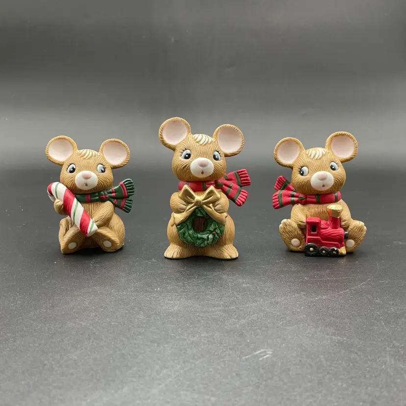 Set of 3 Homco #5210 Mice Mouse Christmas Figurines Train Wreath Candy Cane