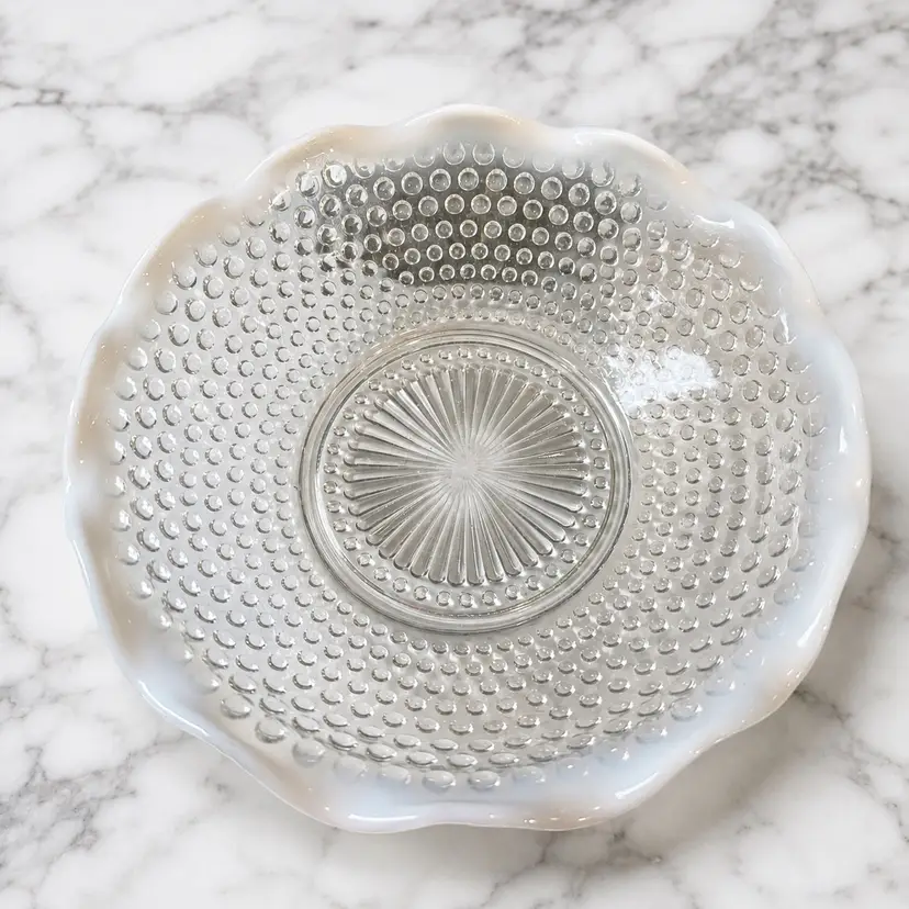 Vintage Opalescent Hobnail Ruffled Glass Bowl