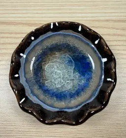 Blue and Tan Toned Pottery Trinket Dish With Crackle Glass Center