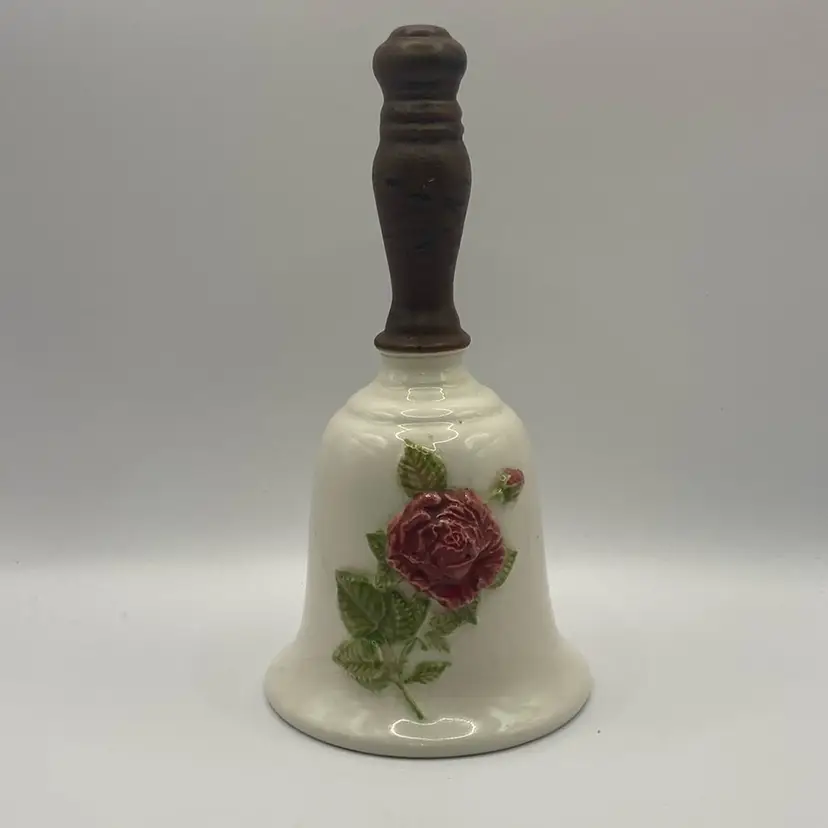 Vtg 7 3/4” Tall Porcelain Dinner Bell With Wood Handle, Rose Design, Unmarked