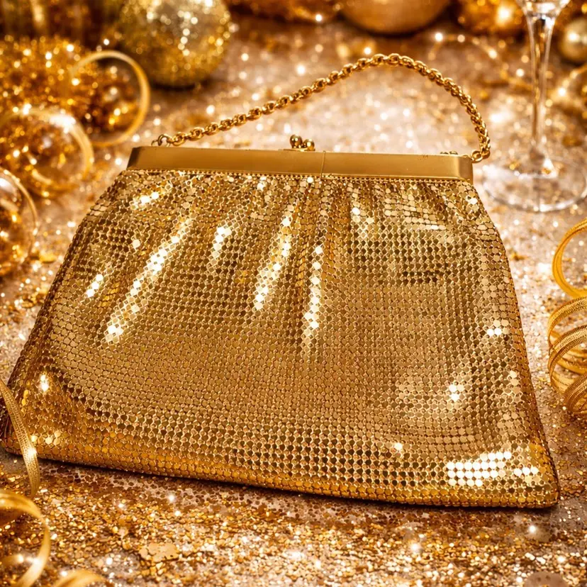 Whiting & Davis Mesh Purse Art Deco Gold Tone Vintage Evening Bag Chain Strap