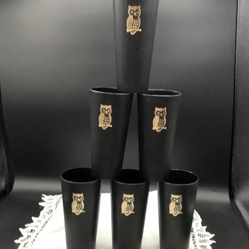 6 Black Plastic Gold Owl Tumblers Cups 1072 Used 6 Inch Tall Vintage