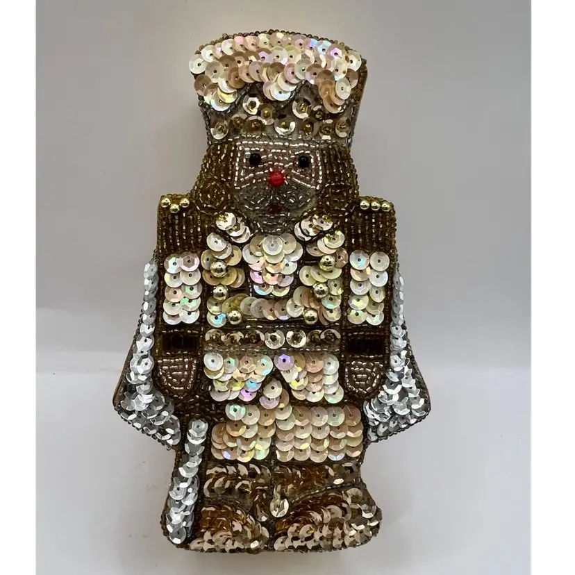 Vintage Gold Satin Sequin Toy Soldier Christmas Trinket Box