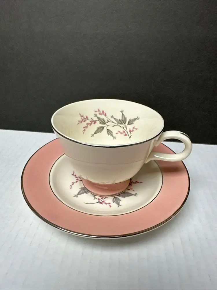 Homer Laughlin Footed Tea cup And Saucer Barclay Cavelier Eggshell And Pink