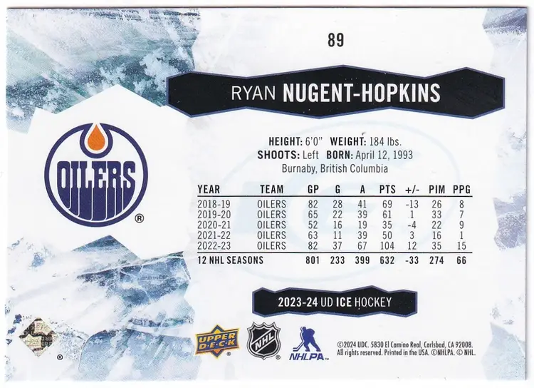 2023-24 Upper Deck Ice Green #89 Ryan Nugent-Hopkins Edmonton Oilers Hockey Card