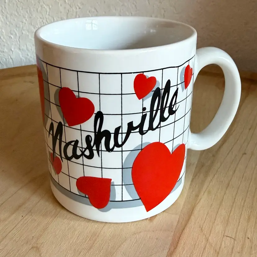 Vintage 80s Retro Nashville Music City Grid & Hearts Souvenir Coffee Mug