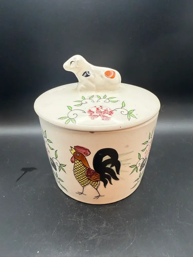 Vintage Ceramic Rooster And Cow Finial Butter Crock Or Grease Jar