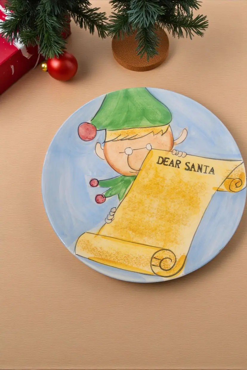 Tabletops Gallery Dear Santa Cookie Plate Handpainted Elf Christmas Eve Retro