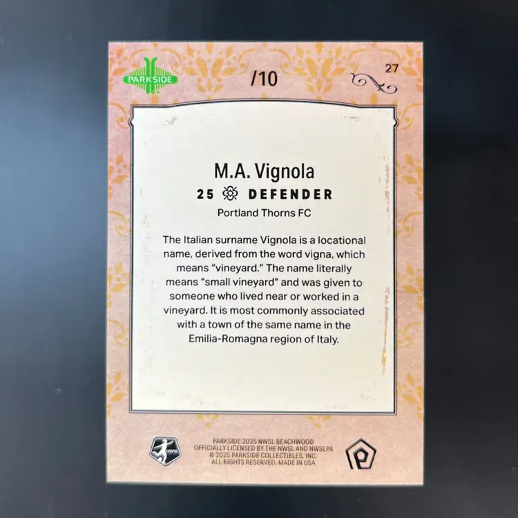 MA Vignola 2025 Parkside Beachwood Brand Lineage Purple /10 Soccer Card