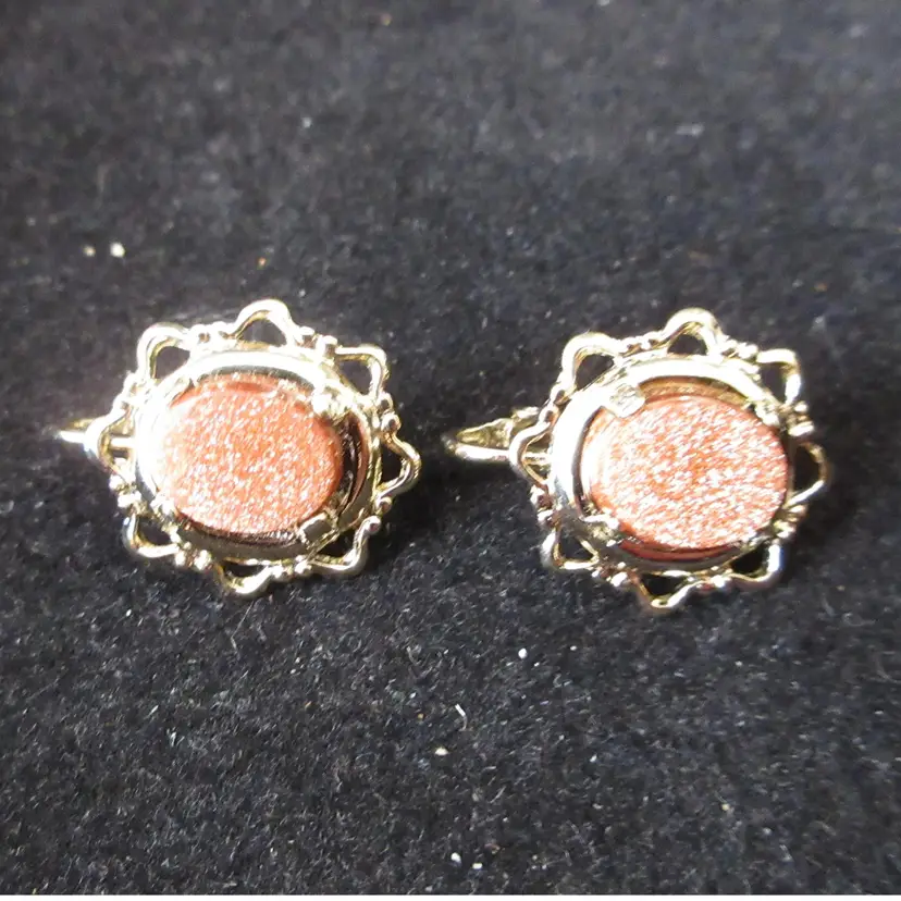 Vintage Gold Tone Metal Clip On Earrings with Prong-set Goldstone Cabochons - 3/4 Inch Long