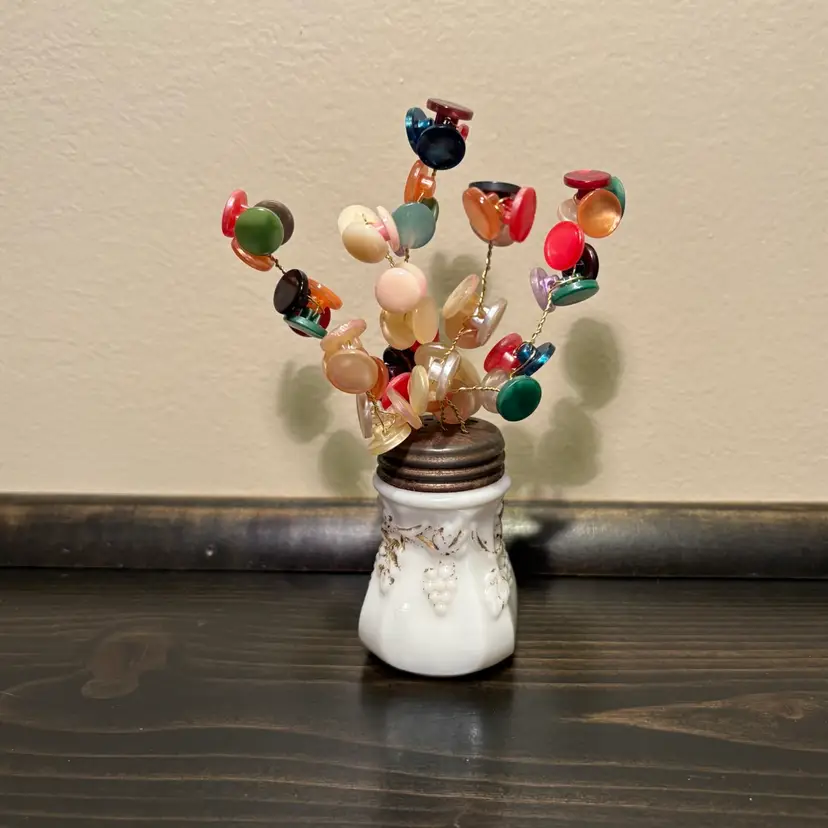 Button Bouquet Made By Me. Antique Northwood Milk Glass Shaker With Plastic Pearlescent Buttons
