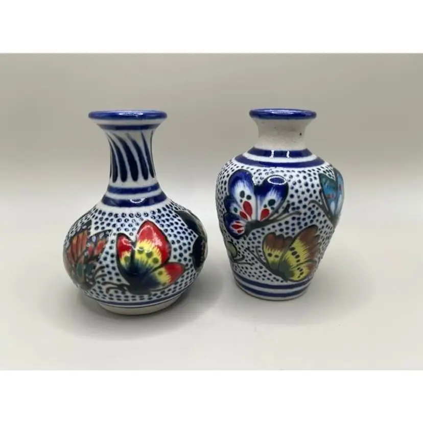 #01 Signed Pair of Vintage Miniature  Butterfly Motif Vases ~ Colorful Pottery ~ 3 inches tall