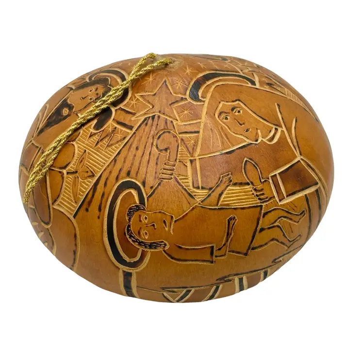Nativity Scene Round Carved Gourd Ornament Made In Peru 3”x4”