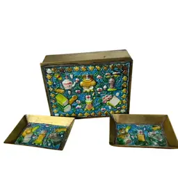 Vintage Cloisonné  Cigarette Box With Two Ashtrays Enamel