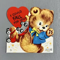 Vintage Die Cut Valentine Card Teddy Bear Roller Skating I Could Fall For You 3.5" Whitman USA