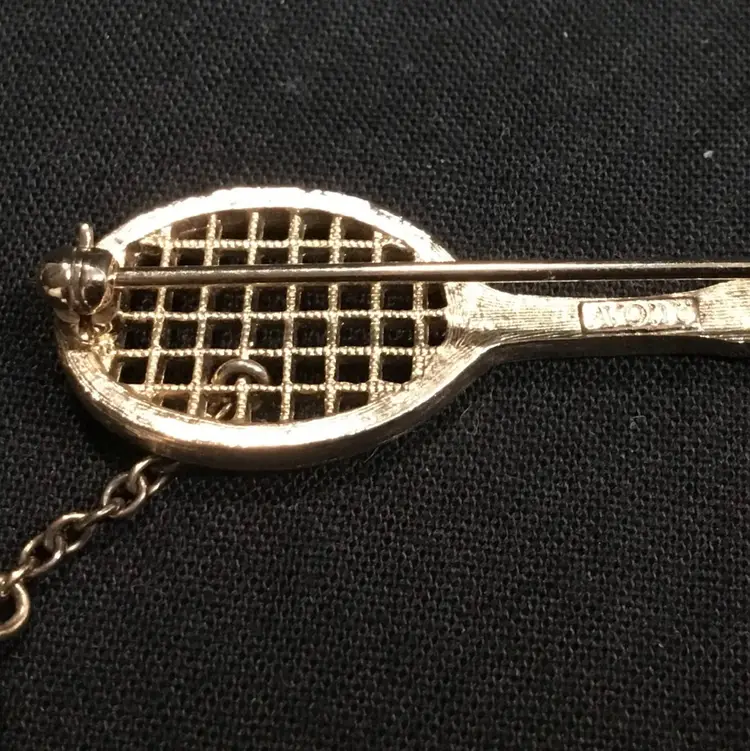 Brooch, tennis racquet & ball, gold tone, Avon, faux pearl, vintage 1976