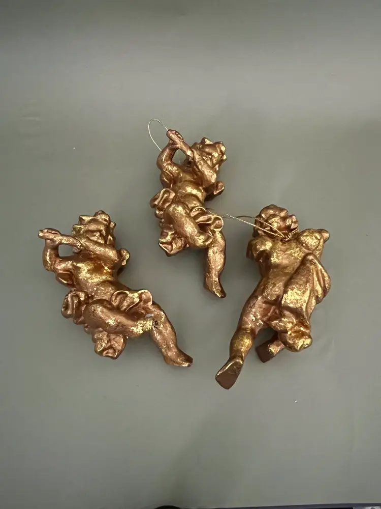 Vintage 1950s Set Of 3 Gold Glitter Plastic Cherub/Angel Ornaments 5”
