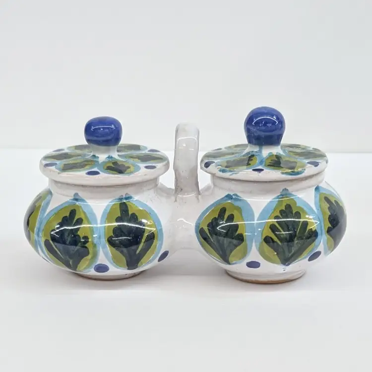 Vintage Ceramic Double Condiment Jars Lidded Blue & Green Hand Painted Design