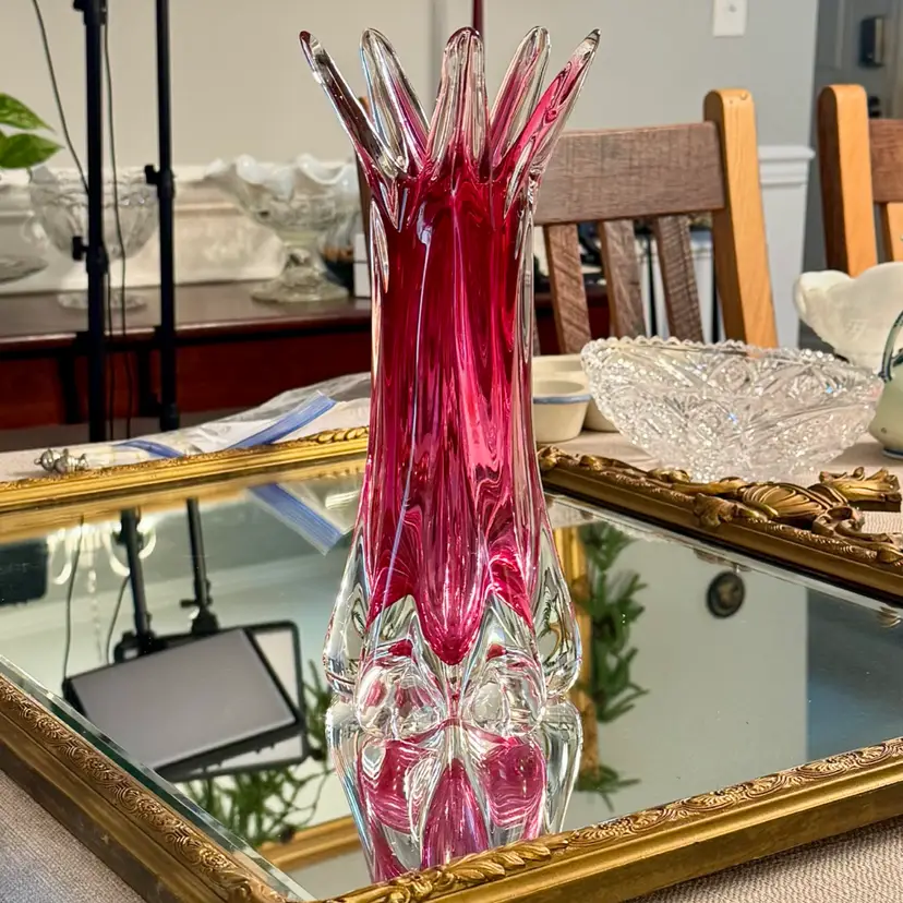 Vtg Czech Bohemian Cranberry Glass Vase