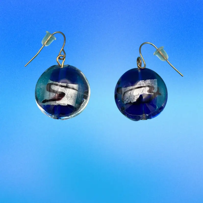 Cobalt Blue & Silver Foil Glass Bead Dangle Earrings – Gold-Tone Hooks