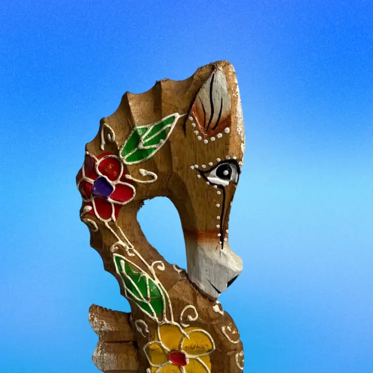 Seahorse Figurine On Stand Hand Carved Wood Hand Painted Pink•Yellow•Purple Flowers
11” T x 4-1/4” L x 2-1/2” W