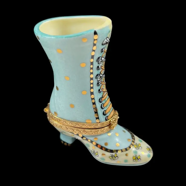Peint Main Limoges France Blue Victorian Boot Trinket Box With Gold Accents And Butterflies, Vintage Limoges Boot Trinket Box, Shoe Trinket Box, Victorian Ladies Boot Trinket Box Porcelain