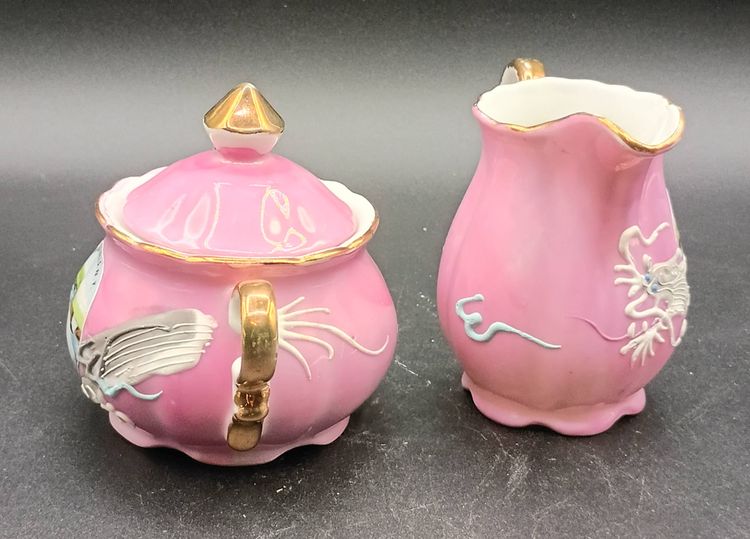 Vintage Dragonware Moriage Creamer Sugar Bowl Lid Niagara Falls, NY M-Spit Japan