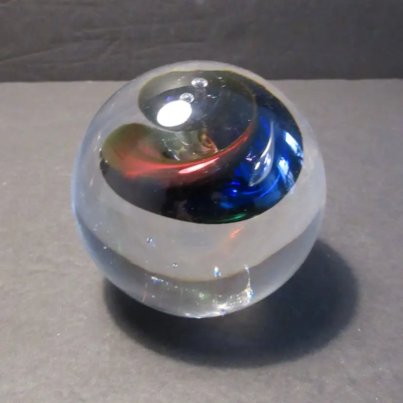 Adam Jablonski Blue Red & Green Swirl Crystal Art Glass Paperweight - Signed