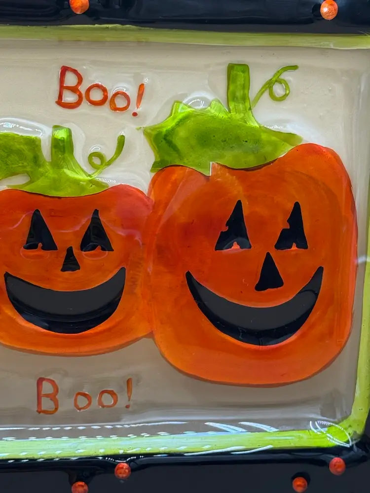 Fused Glass Hand Painted “Boo” Pumpkins Halloween Tray