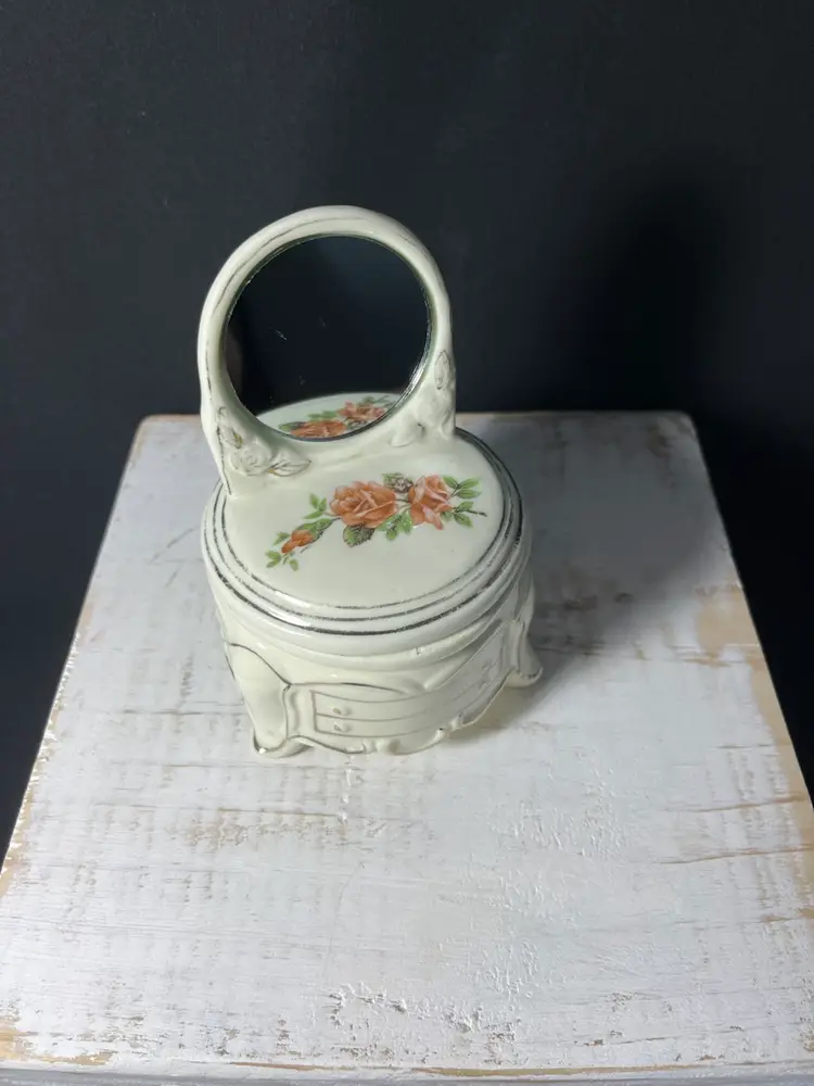 VTG Victorian Style Ceramic Vanity Trinket Box W/mirror-Ivory Colored w/peach Roses and Gold Trim