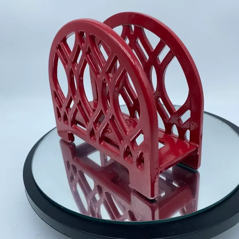 #3506 Red Enamel Arched Cast Iron Napkin Envelope Holder Feet Ornate Heavy Decor