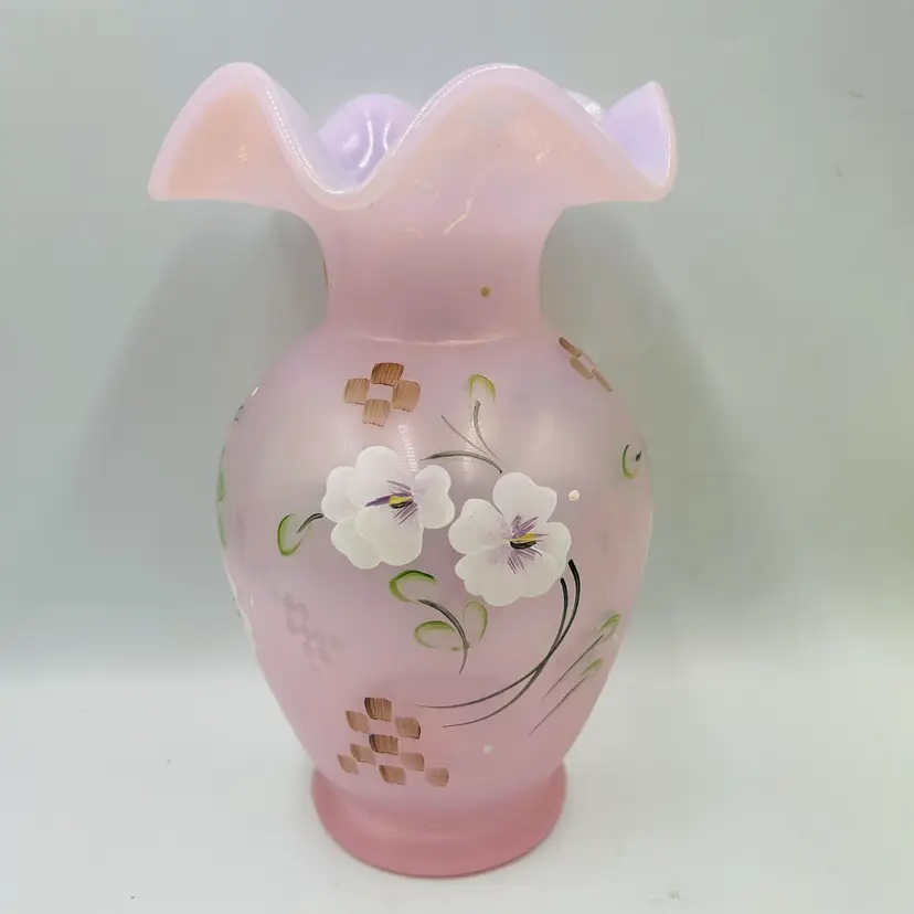 Fenton Pink Opalescent Hand Painted Glass Vase LOW START