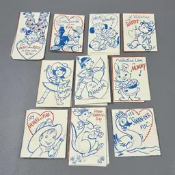 Vintage Lot Of 10 Paper Coloring Valentine Cards Assorted Characters Girls Boys