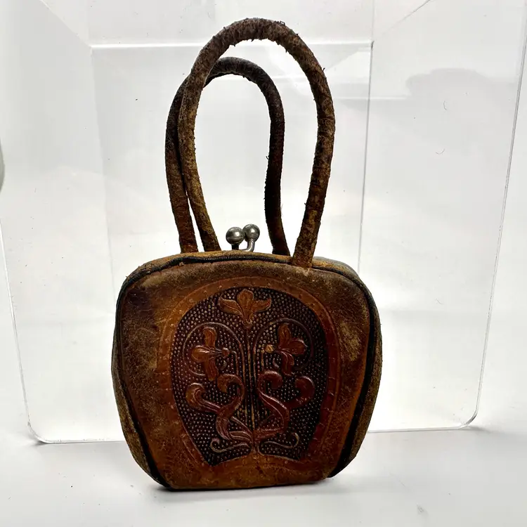 Antique Hand Tooled Leather Mini Coin Purse 4"