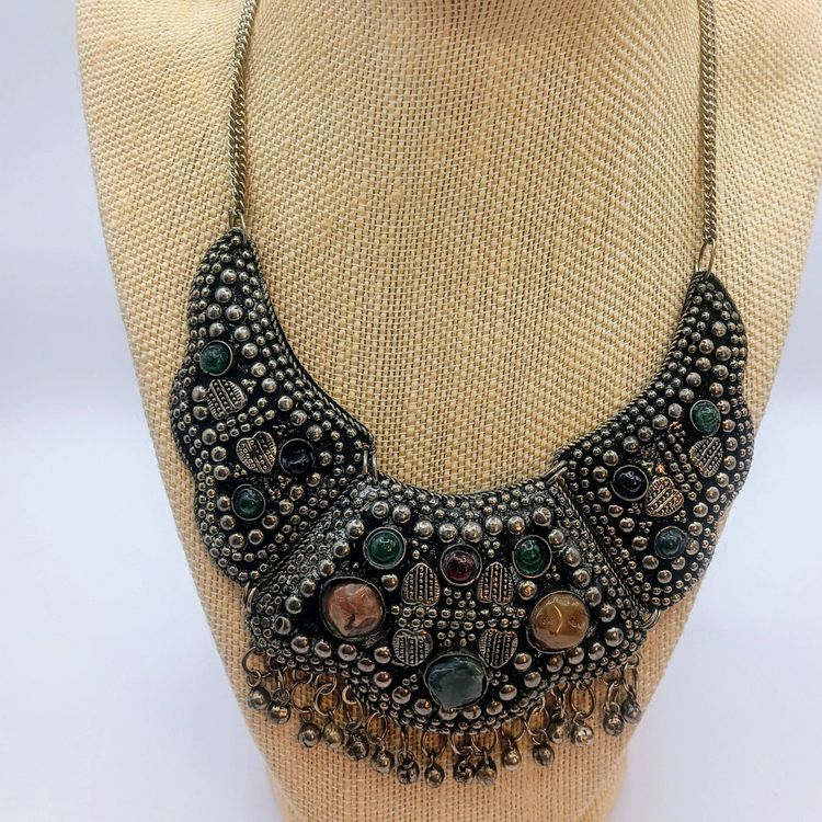 Vintage Turkish semi-precious stone silver plate collar necklace