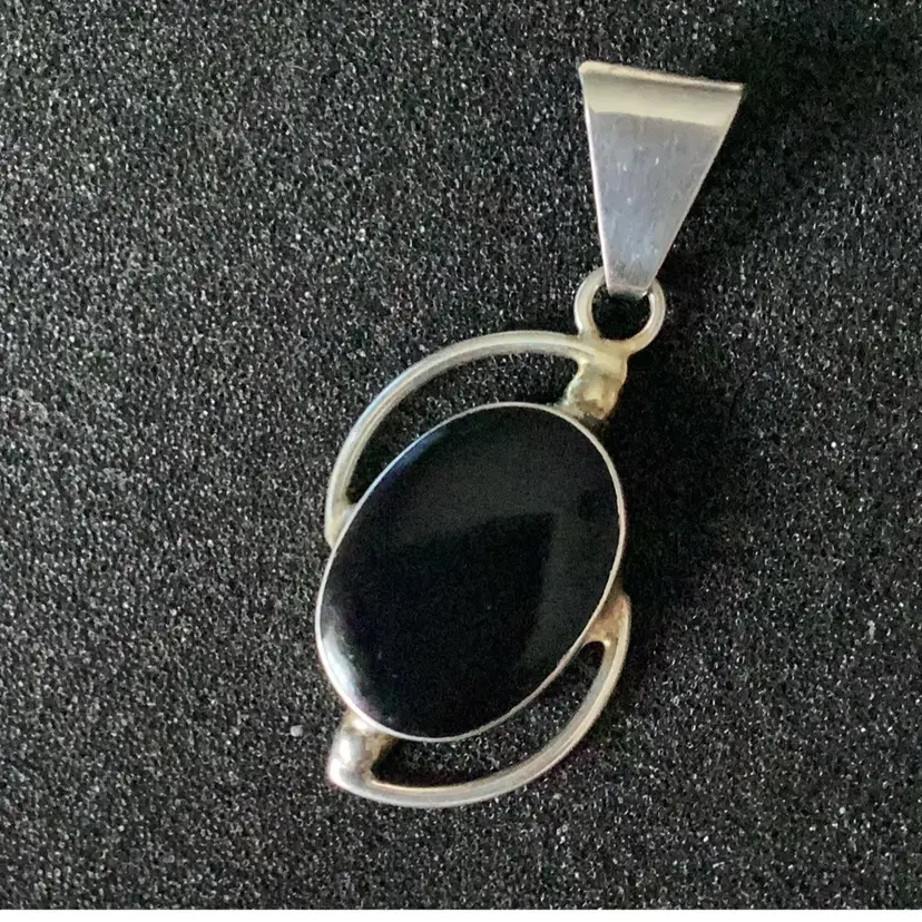 Mexican Alpaca Pendant Black Acrylic Cabochon Stone Marked 2”