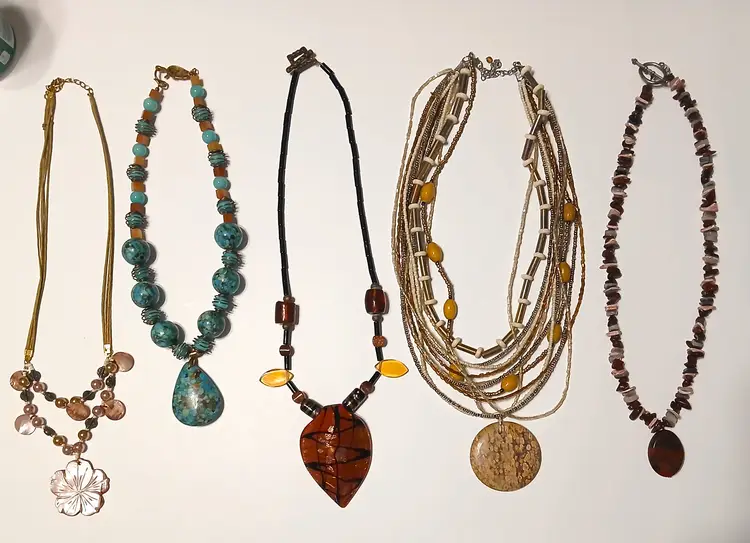Handmade Semi Precious Stone/Glass/Brass Lot of 5 Necklaces