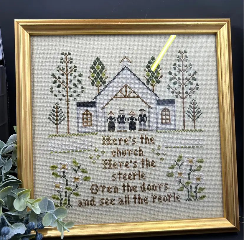 Finished Counted Cross Stitch Sampler Church In Gold Frame
