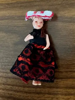 Vintage Miniature Plastic Doll with Handmade Clothing 2 1/2" Tall