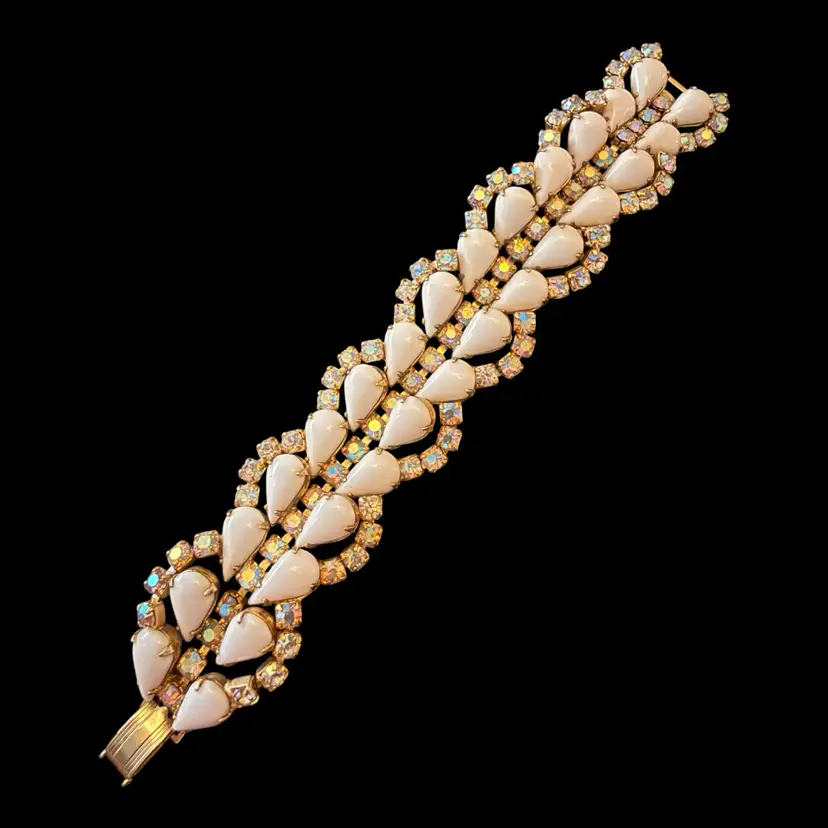 Milk Glass Tear Drop AB Rhinestone Bracelet 7”