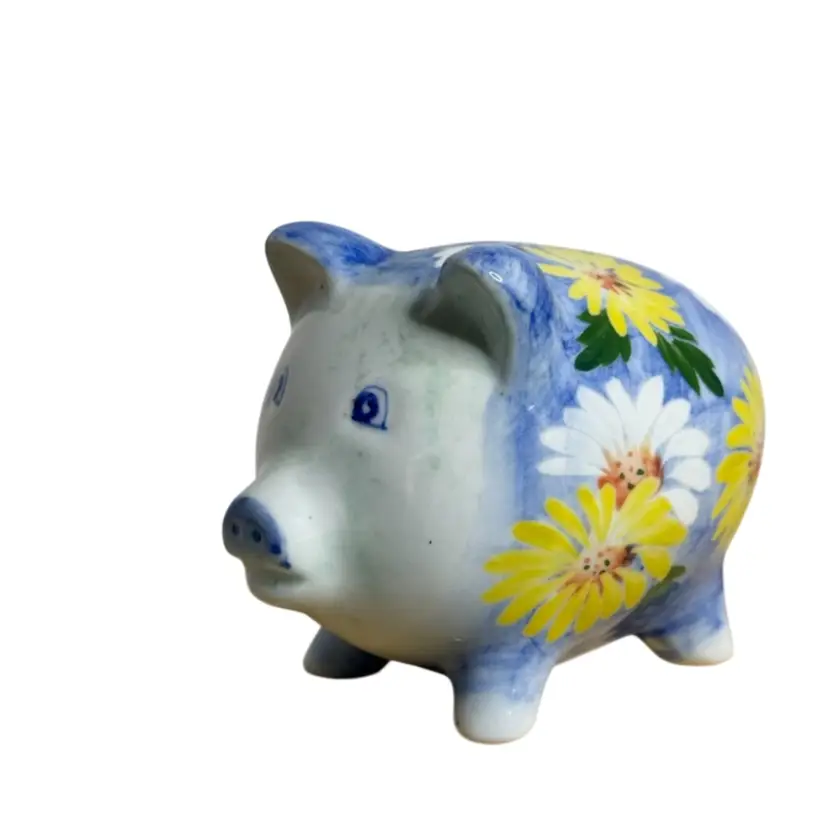 Small Ceramic Piggy Bank Blue w/ Yellow & White Daisies Andrea By Sadek Missing Stopper