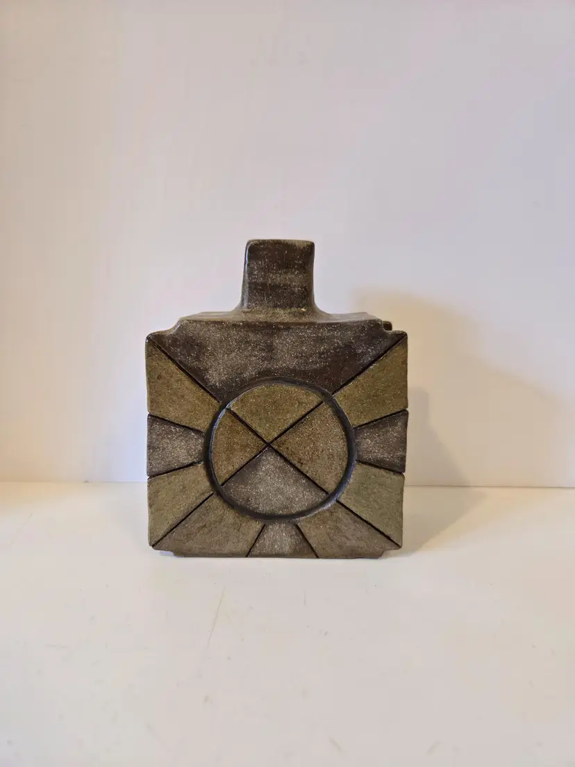 #01 - Hand Made Slab Built Art Pottery Geometric Bottle Vase Signed Ambuehl