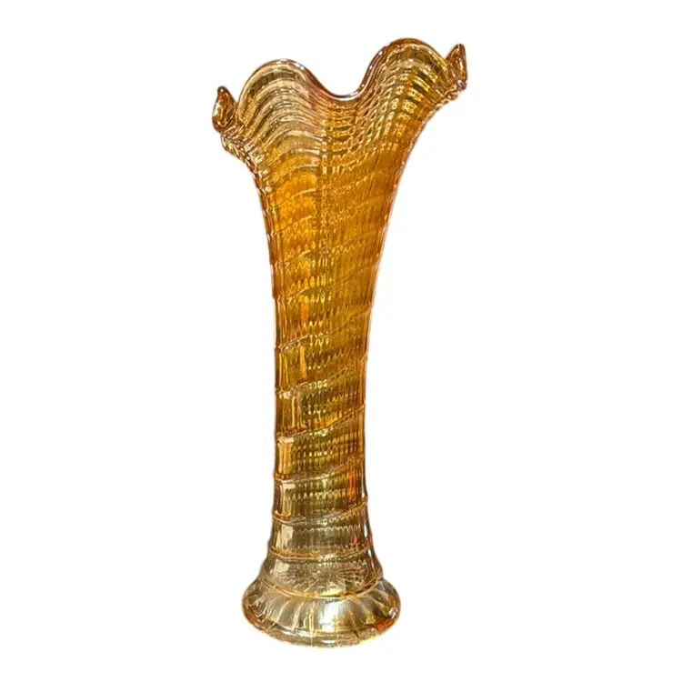 Antique 1910 Edwardian Imperial Glass Carnival Marigold Optic Swung Ripple Vase - 14”