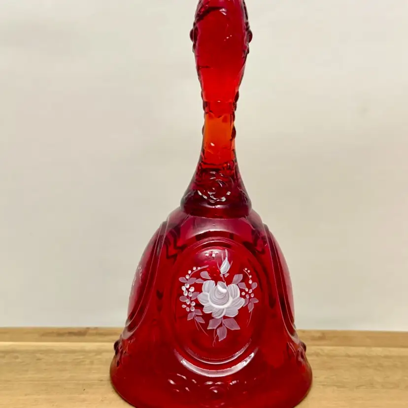 Fenton Hand Painted Rose Ruby Red Glass Bell - Marilyn Wagner